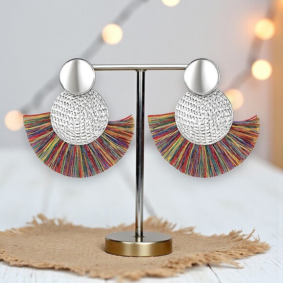 🆕️Boho Chic Rainbow Fan Earrings - Statement Fringe Tassel Summer Style 🌈 - Picture 9 of 12